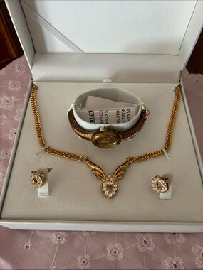 Gold-tone Necklace, Earrings & Brown Strap Watch Set